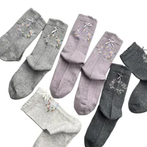 Korean style sweet bow floral cotton mid-calf socks for women autumn winter warm casual socks