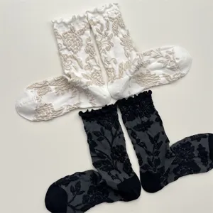 Detailed view of vintage embossed floral mid-tube socks with delicate lettuce edge design.