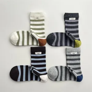 Women Fall Winter Contrast Color Striped Mid Tube Socks Korean Casual Breathable Cotton Socks With Letter Label