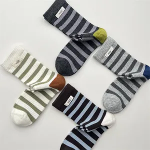 Colorful striped mid-calf socks for women, breathable knit cotton socks with cute labels.