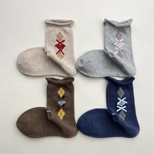 Korean Vintage Rolled Cuff Diamond Lattice Crew Socks Sweet Cute Bowknot Design Women Cotton Daily Stacked Socks