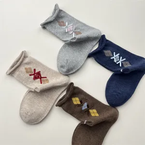 Korean vintage rolled cuff argyle mid-calf socks for women, sweet cute bow cotton socks detail