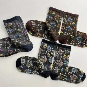 Vintage 3D Relief Blumen gestickte Damen Waden Socken Herbst Winter weiche Baumwolle