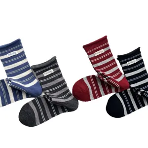 Korean style rolled cuff colorful striped socks, retro fabric label mid-calf cotton socks.