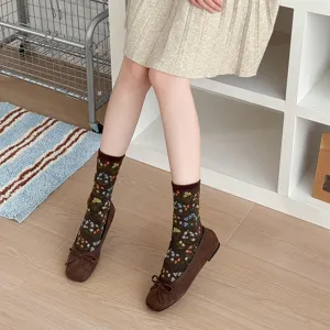 Retro Blumen Baumwoll-Mittelsocken für Damen, botanischer Druck lange Socken für Herbst und Winter.