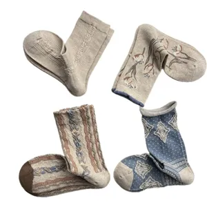Autumn winter women vintage pastoral cotton mid-calf socks set, cute floral diamond knit warm hosiery