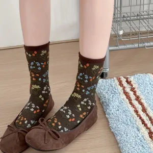 Retro Blumen Strick Wadenstrümpfe für Damen, vintage botanische Baumwollsocken.