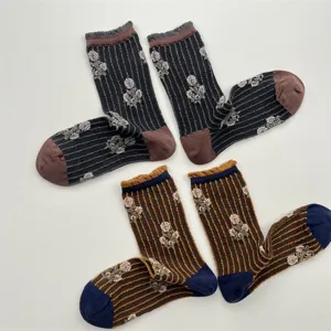 Japanese vintage vertical striped floral socks, sweet lace contrast cotton mid-calf socks