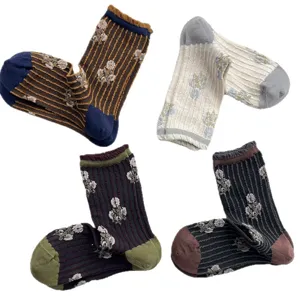 Vintage floral mid-tube socks for women, sweet contrast color striped cotton socks, 4-pack.