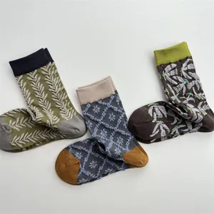 Vintage botanical embroidered mid-calf cotton socks set featuring wheat, floral and bird patterns.