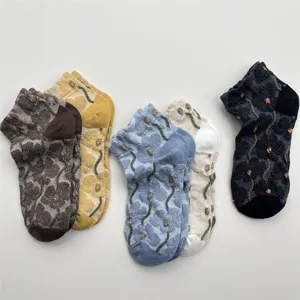 Detailed view of vintage embossed floral short socks, breathable cotton low-cut socks for spring