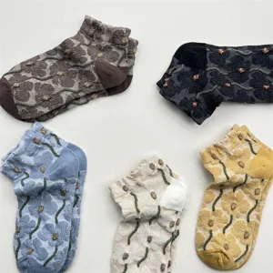 Korean vintage floral cotton short socks low cut breathable spring summer women socks