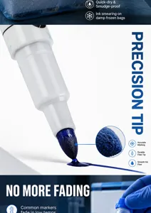 Detail van precisiepuntmarker met sneldrogende inkt voor diepvrieszakken en tassen.