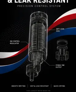 Detalle de estructura interna de bolígrafo de gel líquido 0.5mm, sistema de control y sello.