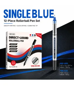 Vista detallada del bolígrafo roller de tinta líquida de 0,5 mm y su caja con depósito.