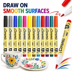 Ceramic marker pens set for porcelain glass DIY painting, 12 vibrant waterproof colors.