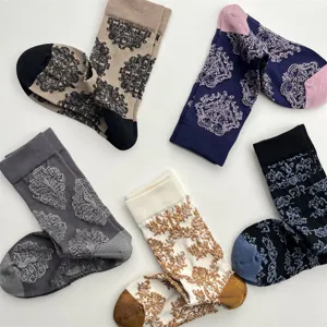 Vintage Chinese style floral relief mid-calf cotton socks for women, retro comfort socks.