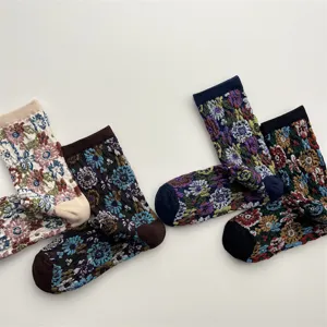 Vintage floral embossed design mid-calf socks detail, cozy cotton breathable sock texture.
