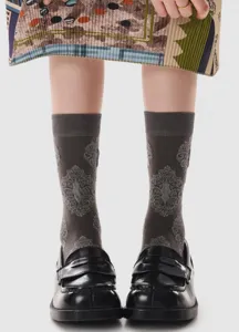 Vintage dark grey damask mid-tube socks with 3D floral relief pattern for women autumn.