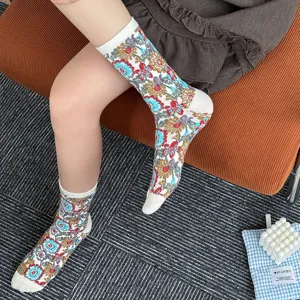 Autumn winter ethnic relief floral socks women retro botanical cotton mid tube socks detail