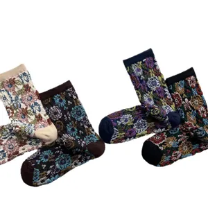 Vintage floral crew socks for women, retro embossed botanical cotton breathable mid-calf socks.