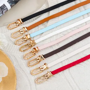 Women Casual PU Leather Skinny Belt Minimalist Thin Waist Strap With Gold Metal Pin Buckle For Dress And Jeans