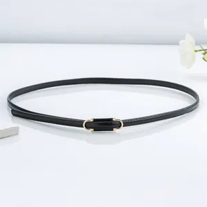 Elegant black thin leather belt with chic metal buckle, ideal for dresses and sweaters.