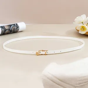 Minimalist white PU leather thin belt with elegant gold pin buckle detail for women.