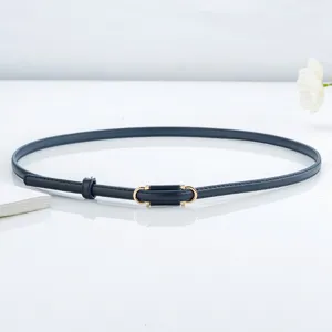 Minimalist dark blue thin leather belt for women dress sweater decoration chic narrow strap.