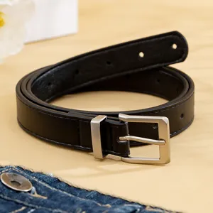 Women black PU leather belt with silver pin buckle minimal commuting style fashion new