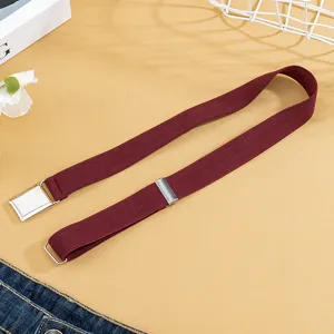 Children wine red elastic belt detail shot, adjustable metal buckle kids pants strap