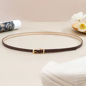 Women's thin PU leather belt with gold pin buckle, elegant casual waist accessory for daily wear.