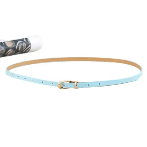 Light blue thin PU leather belt with elegant gold pin buckle for women daily wear.