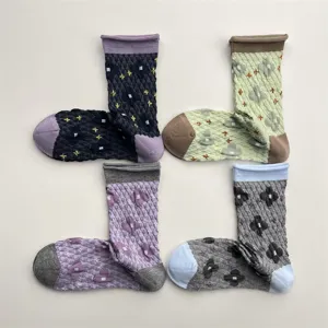 Women's Japanese Retro Embossed Floral Crew Socks Contrast Rolled Cuff Mori Style Soft Breathable Cotton Socks
