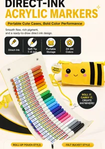 Direct-ink acrylic markers set with cute bee roll-up storage pouch for kids art and daily painting.