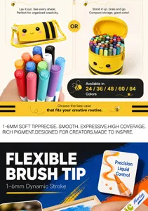 Cute bee acrylic marker set with storage bag, 1-6mm soft brush tip for kids art drawing.