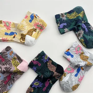 Vintage 3D relief botanical flower leopard crew socks for women cozy cotton daily wear