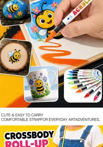 Acrylic paint pens set with cute bee design, portable crossbody roll up bag for kids DIY art craft.