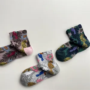 Women vintage oil painting mid tube socks set, 3d embroidered floral bird cotton knitwear.