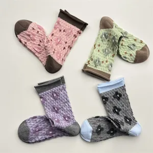 Japanese retro embossed floral socks women Mori style contrast rolled cuff mid tube socks