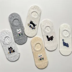 Detailed view of low-cut boat socks with cute cat embroidery and breathable mesh fabric design.