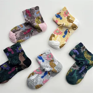 Retro relief floral mid tube socks vintage aesthetic botanical art cotton socks for women