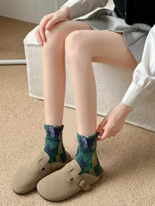 Women vintage floral mid-calf cotton socks retro botanical relief design casual wear
