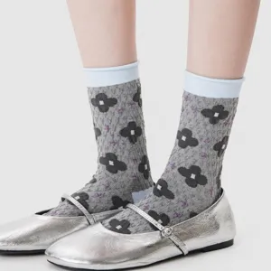 Grey vintage floral mid-calf socks featuring contrast rolled cuffs for stylish daily wear.