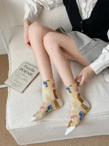 Retro oil painting style women cotton mid-tube socks featuring botanical floral prints.
