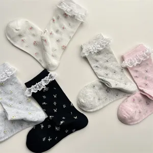 Chaussettes mi-mollet en maille florale style japonais avec bordure en dentelle douce printemps