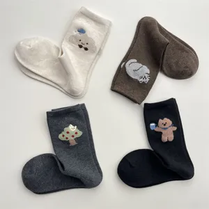 Cute cartoon animal embroidered mid-tube cotton socks for women, 4 pairs set for autumn winter.