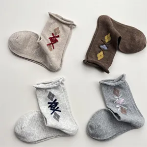 Korean vintage rolled-edge argyle mid-tube socks with cute bows, cotton socks for women