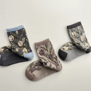 Retro 3D embossed floral mid-calf socks breathable cotton vintage style detail view