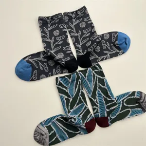 Women's vintage botanical floral and geometric embossed cotton mid-calf socks for autumn winter